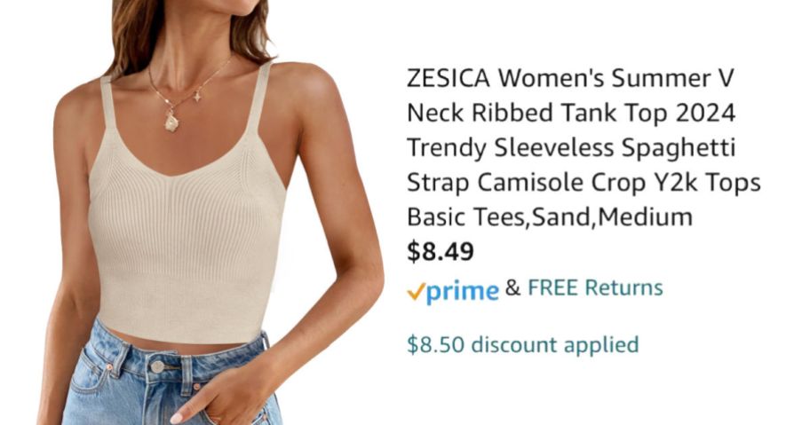 woman wearing sand colored tank top next to pricing information