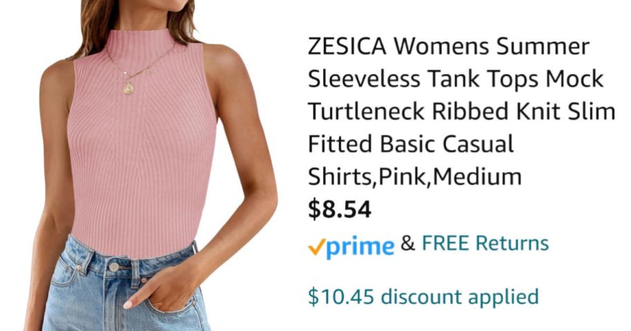 woman wearing pink sleeveless shirt next to Amazon pricing information