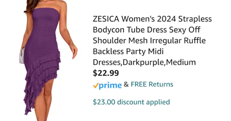 woman wearing purple strapless dress next to pricing information