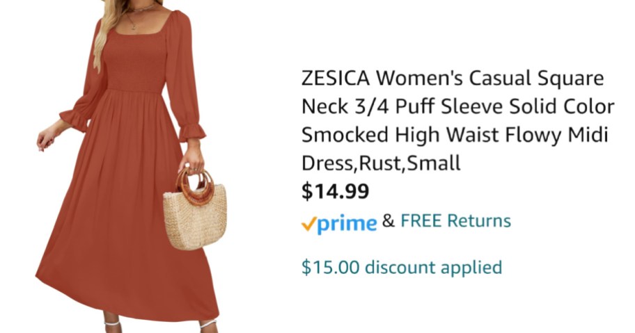 woman wearing rust-colored dress next to Amazon pricing information