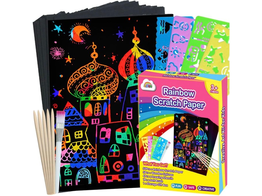 rainbow scratch art paper set with papers, styluses, and box