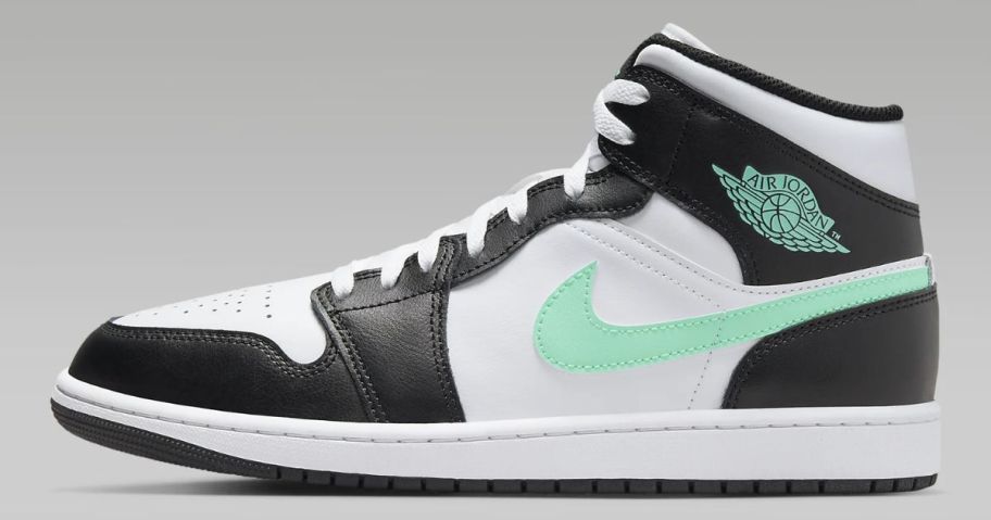 men's Nike Jordan mid top show in white and black with mint green accents