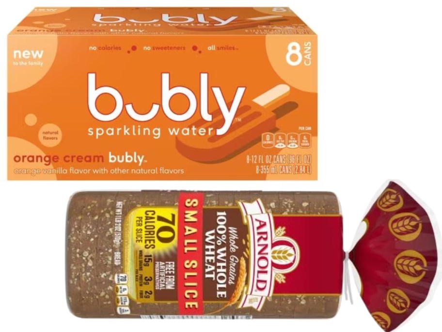 Bubly Sparkling Water cans in box and Arnold Bread Loaf