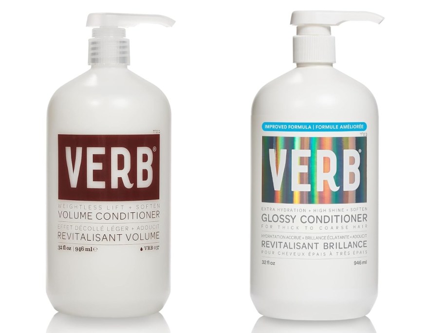 large bottles with pumps of Verb Volume Conditioner and Glossy Conditioner