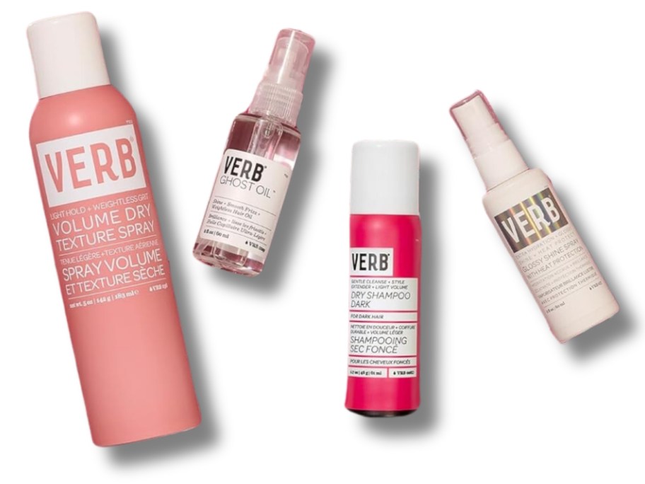 bottles of Verb Volume Dry Texture spray, Ghost Oil, and travel-size Dry Shampoo Dark and Glossy Shine Spray.  