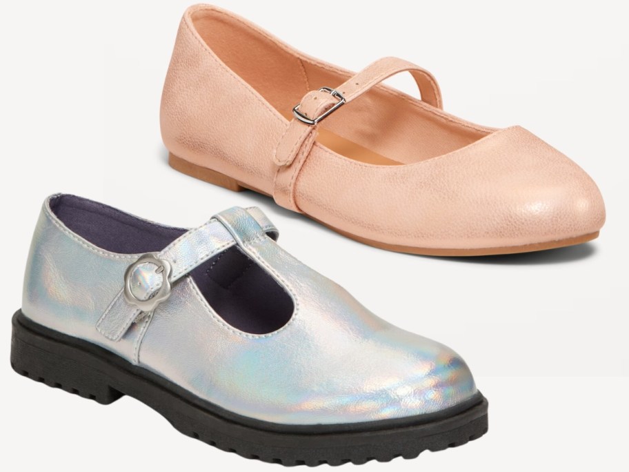girl's iridescent silver and black mary jane shoes and pink flat