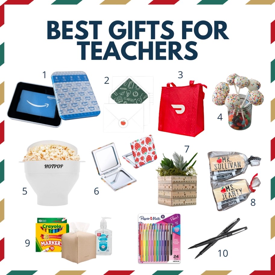 best gifts for teachers collage graphic with various stock photos of gift ideas