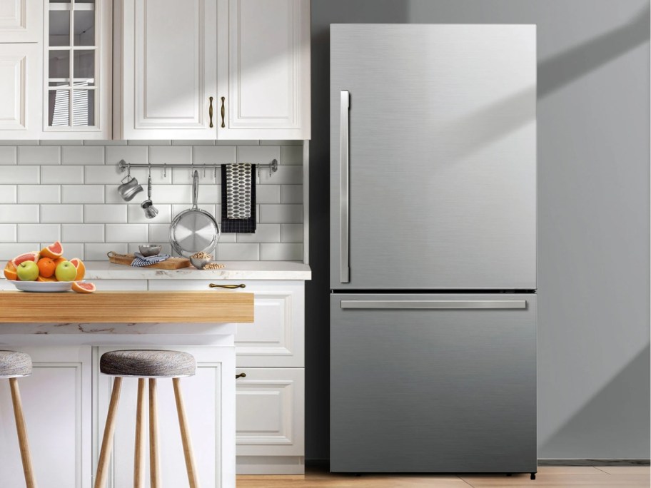 stainless steel fridge in a kitchen