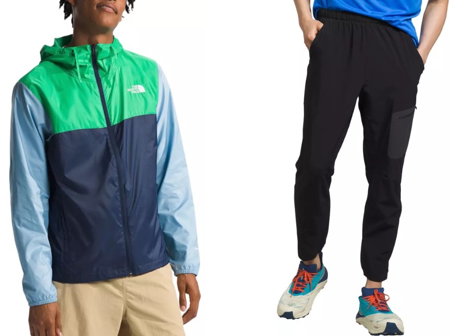man wearing a blue and green zip up The North Face jacket and man wearing black color The North Face pants