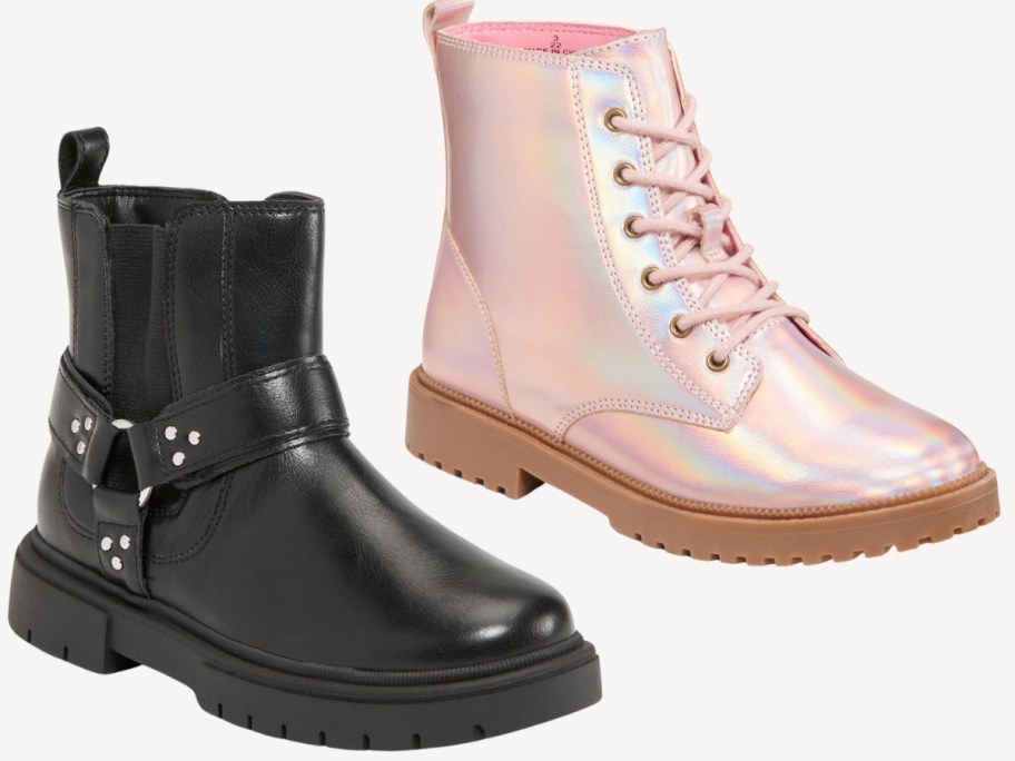 girl's black ankle boot and pink lace up boot