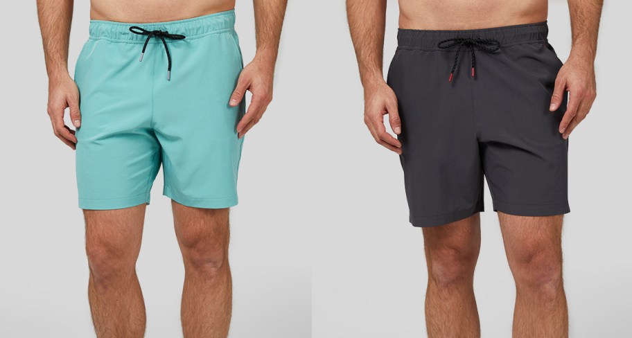 two men in teal and grey swim shorts