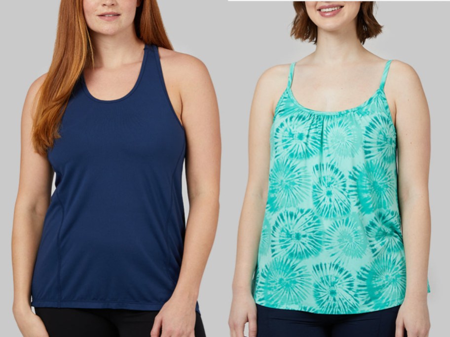 navy blue and tie dye teal tank tops
