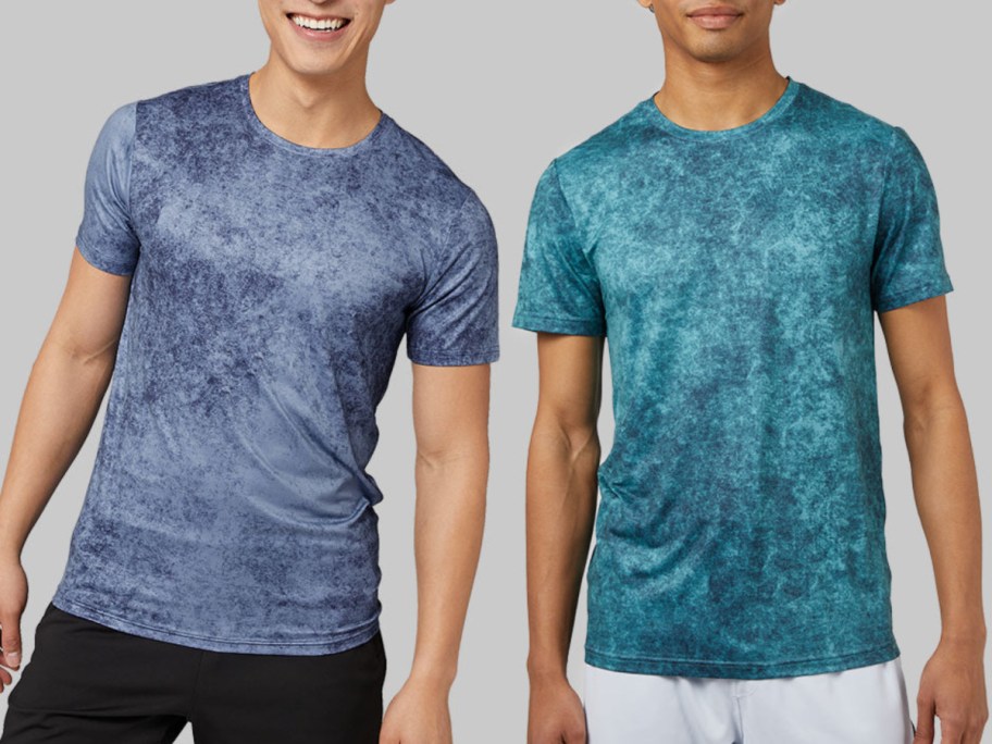 navy and teal space dye shirts