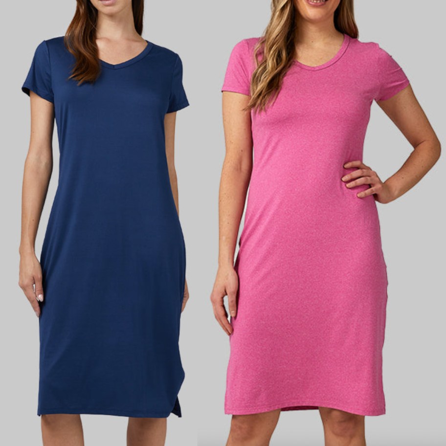 women in navy and pink t shirt dresses