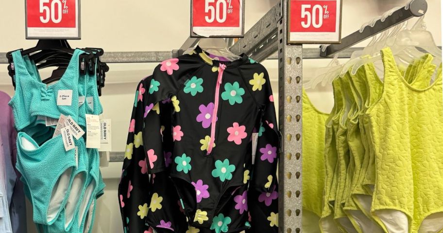 Old Navy Girls Swimwear with 50% off signs