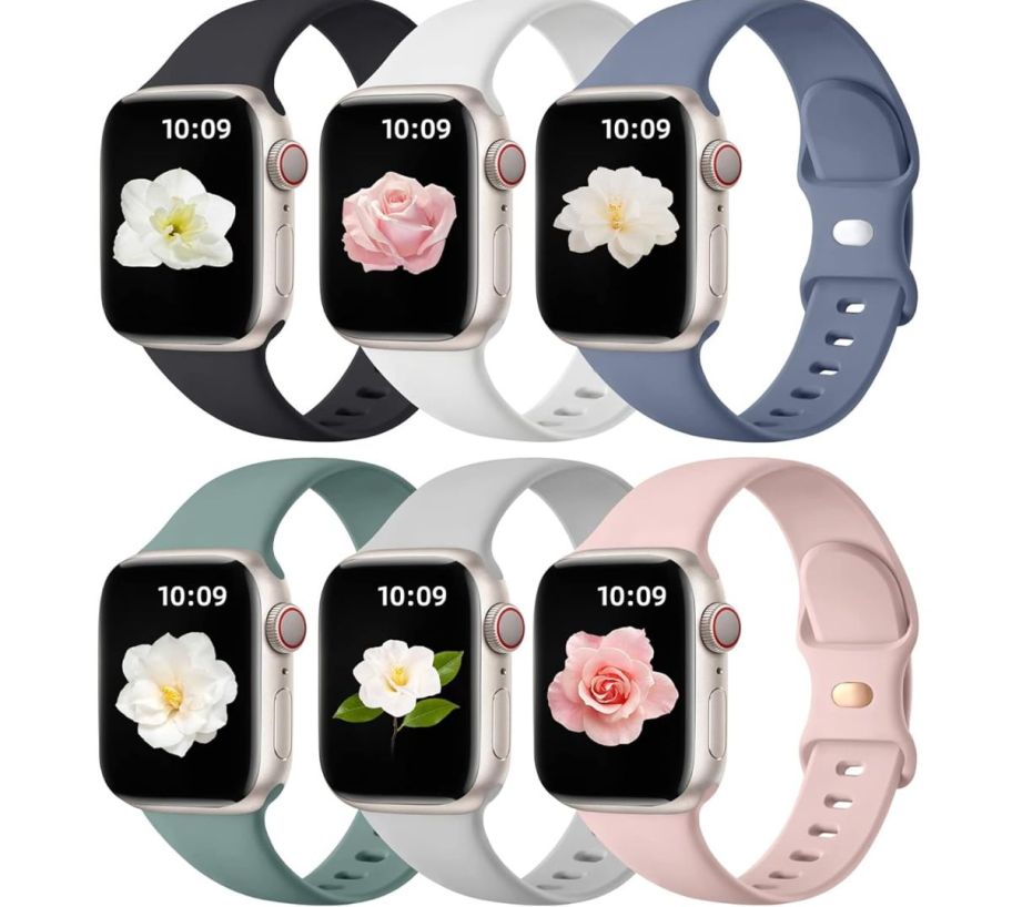 6 watchbands on apple watches on a white background