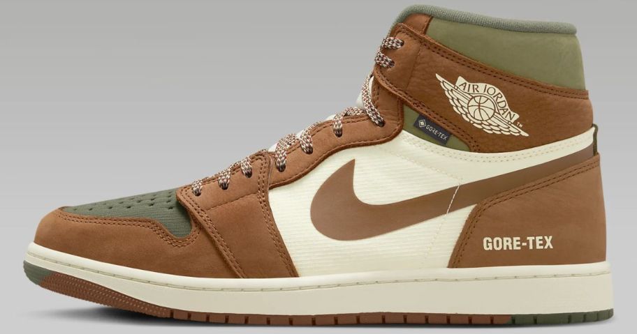 men's Nike Jordan high top shoe in brownish orange, brown and off white colors