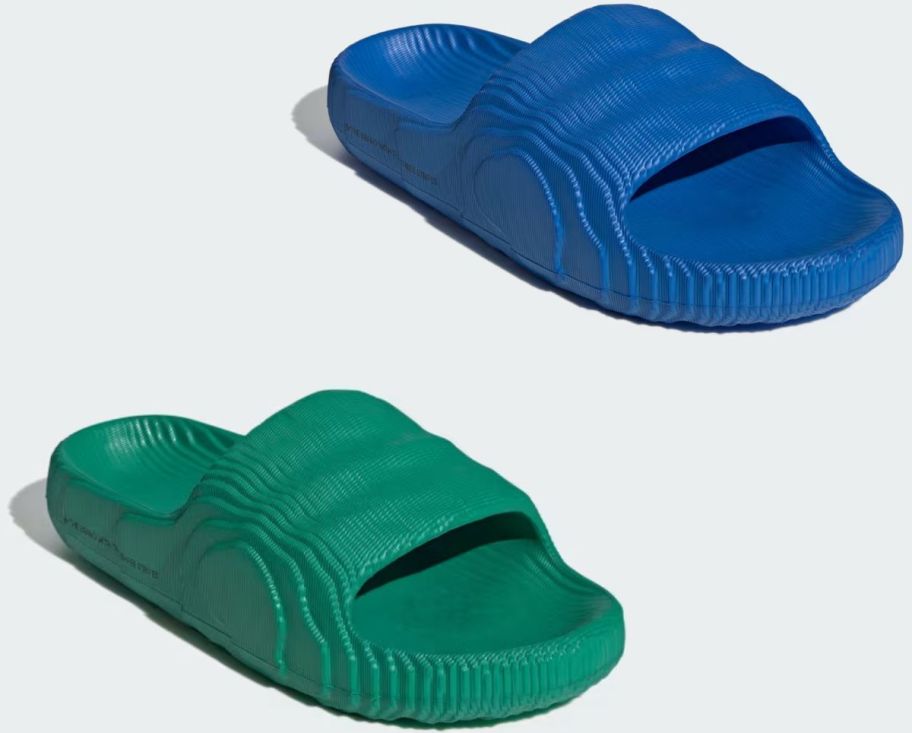 a blue and a green slide shoes