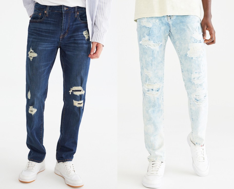 two men in dark and light wash jeans
