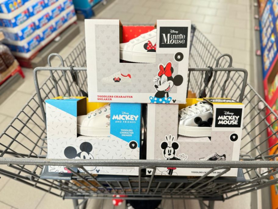 A cart with 3 Aldi Disney Toddler Sneakers