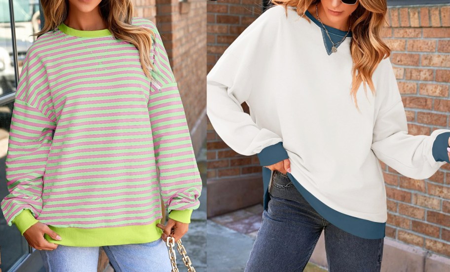 two women modeling oversized sweatshirts