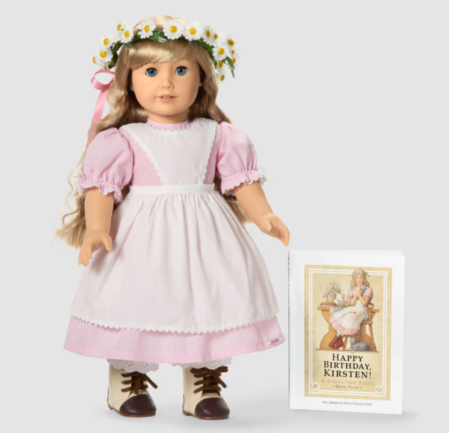 American Girl Doll Kirsten Larson with her birthday outfit and the Happy Birthday, Kirsten! book