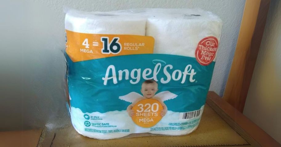 Angel Soft Toilet Paper 4 Mega Roll Pack on shelf