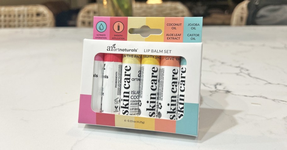 boxed lip balm set on kitchen counter