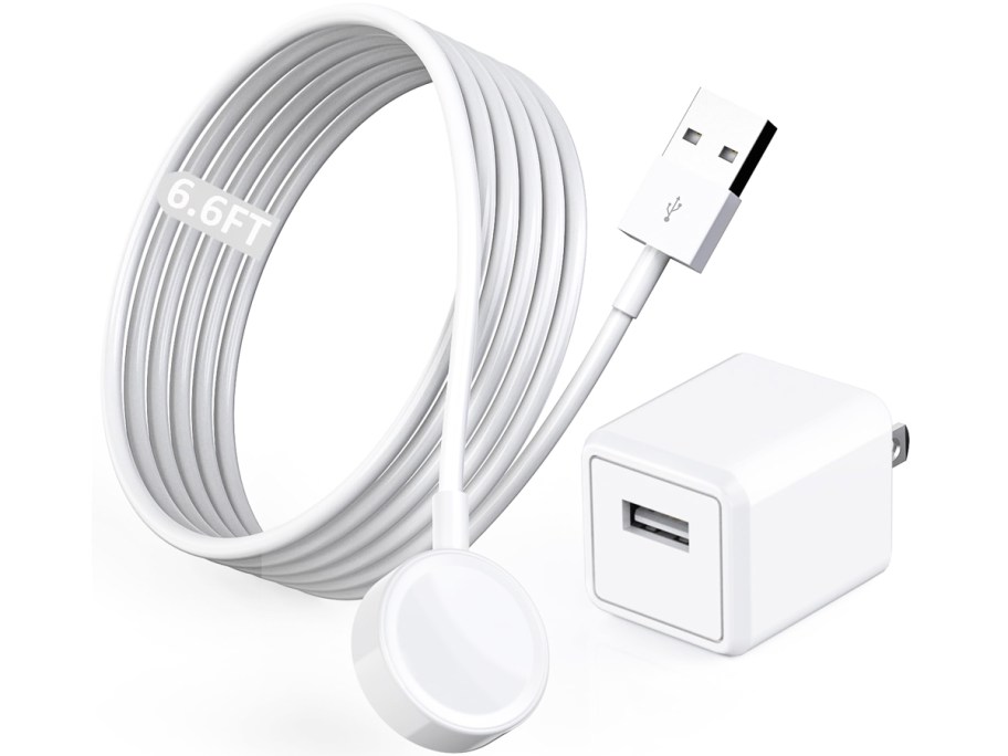 white apple watch charger cable and charging block