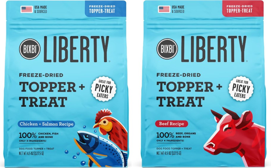 two blue bags of BIXBI Liberty Freeze Dried Dog Food Toppers