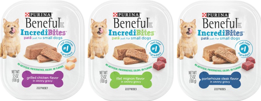 three containers of Beneful IncrediBites Pate Wet Dog Food in chicken and steak flavors