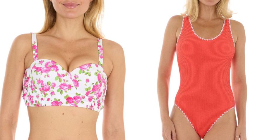 two women wearing Betsey Johnson Women's Bikini Top and Fashion One-Piece
