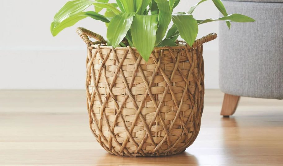an 11 inch Round Natural Water Hyacinth Basket Planter on a hardwood floor