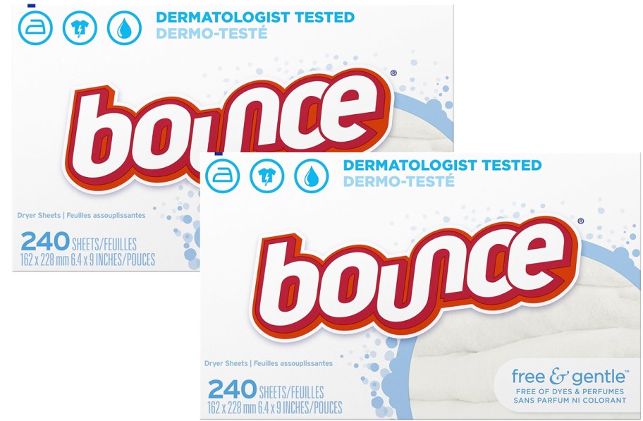 two white boxes of Bounce Dryer Sheets