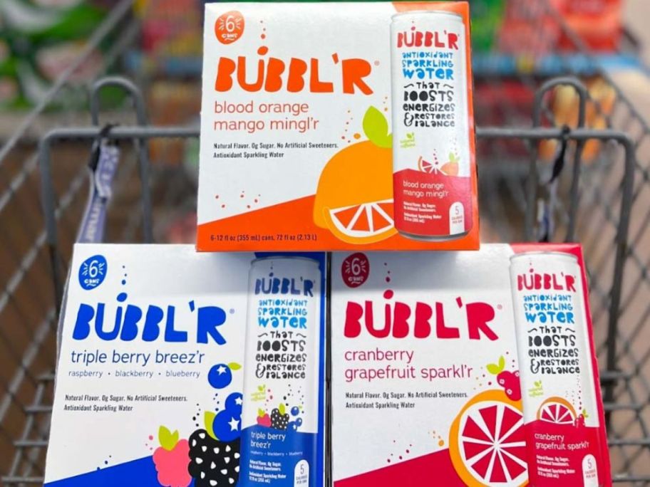 3 cases of Bubbl'r drinks in a shopping cart