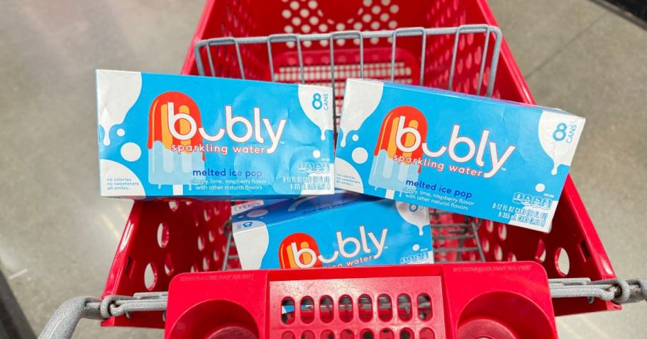 3 boxes of Buby Sparkling Water in a Target Cart