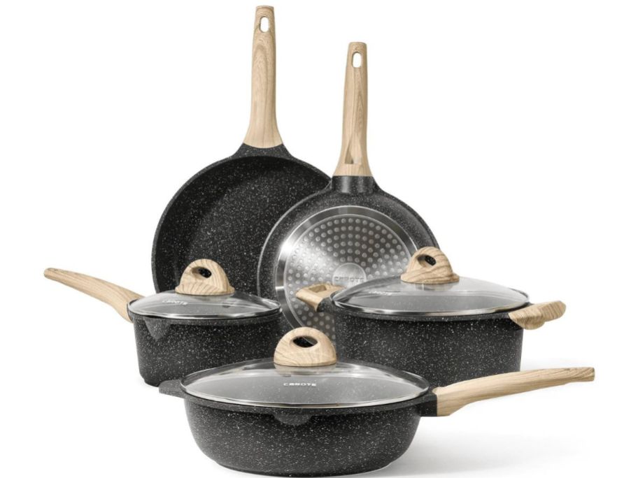 A Carote Nonstick 8 piece Pots and Pans Set in black granite