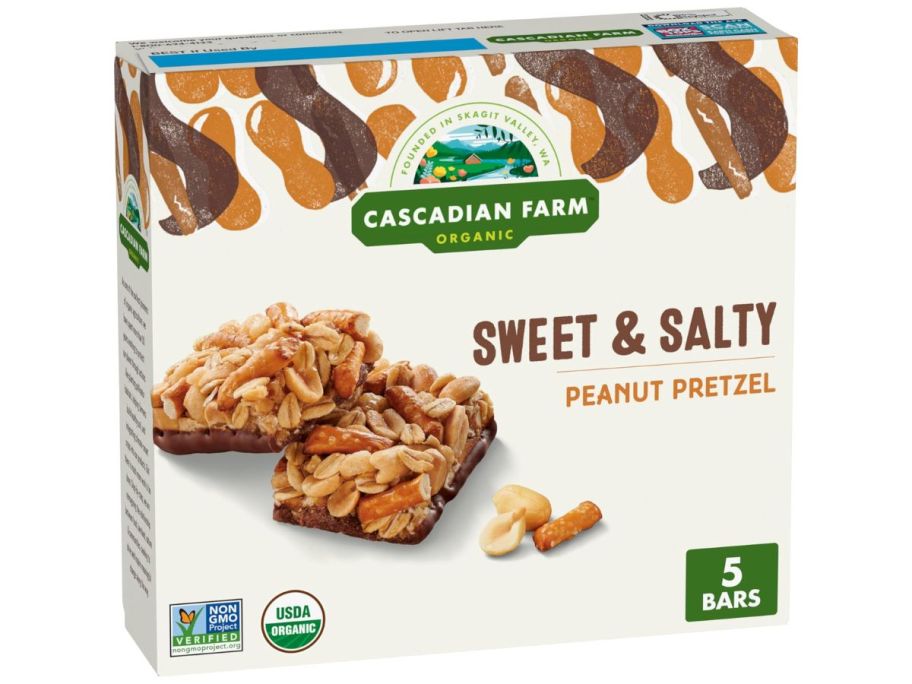 A Cascadian Farm Organic Sweet & Salty Peanut Pretzel Granola Bar Box