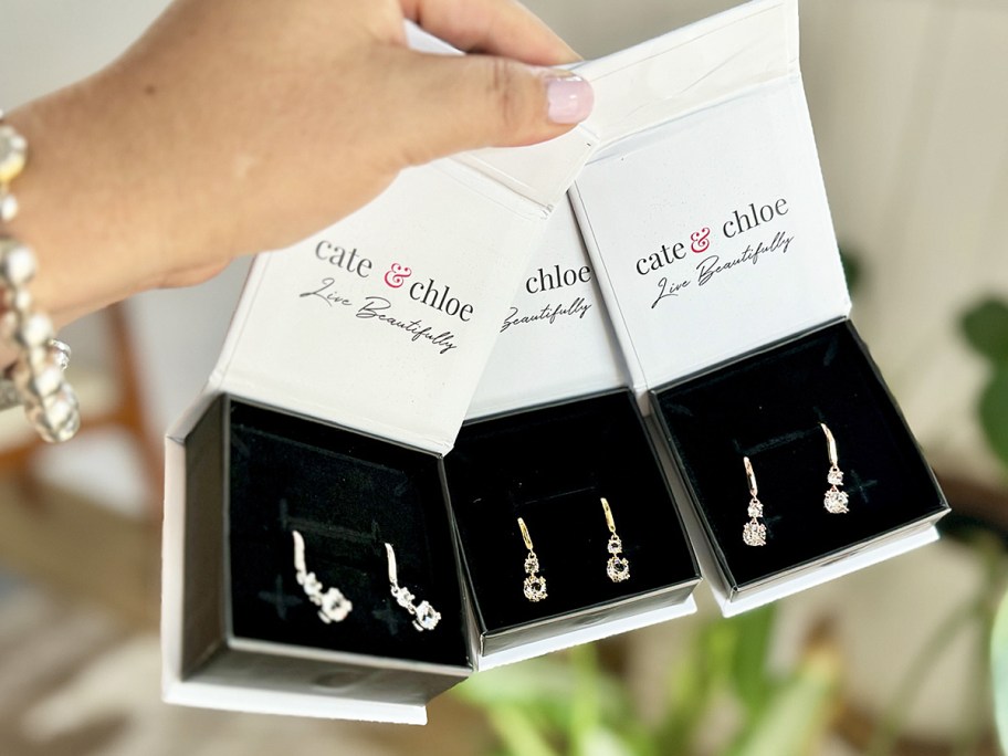 hand holding up three sets of boxed earrings