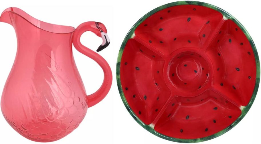 pink acrylic flamingo pitcher and watermelon chip and dip tray