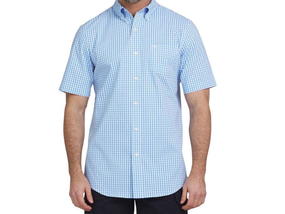 man wearing Chaps Men's Easy Care Woven Button Down Shirt w/ Short Sleeves