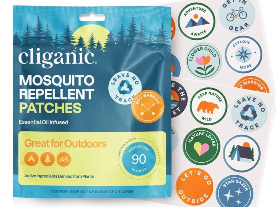 pack of Cliganic Mosquito Repellent Stickers with stickers to the side
