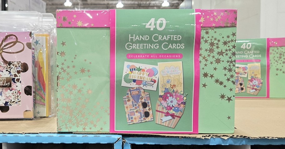 box of greeting cards on display in store