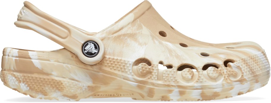 tan and white marbled crocs clog