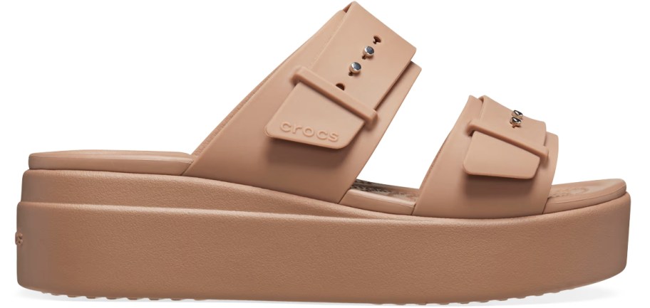 dark tan color women's Crocs platform buckle slides
