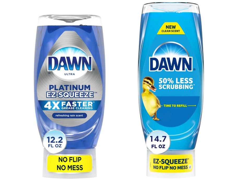 two blue bottles of Dawn EZ-Squeeze dish soap