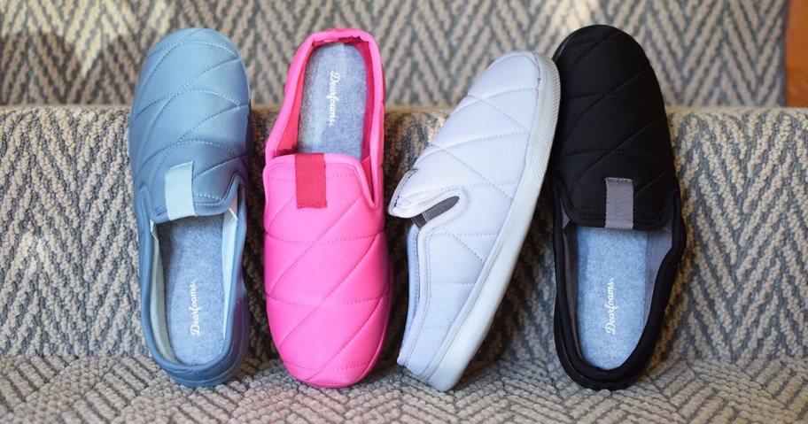 blue, pink, grey, and black slipper clogs on stair
