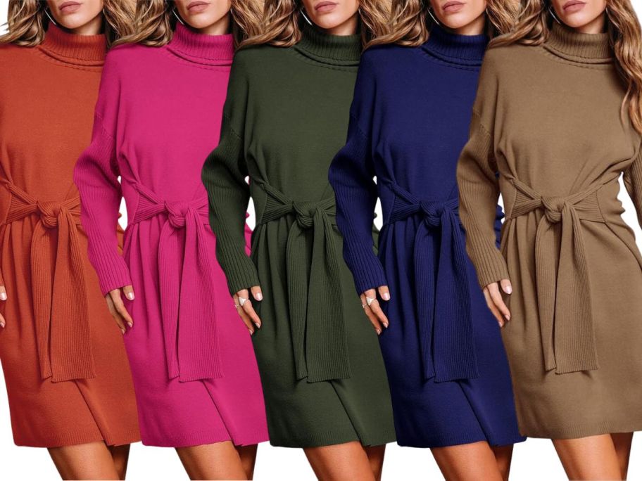 5 models and 5 different colors of the same turtleneck tie waist mini sweater dress on a white background