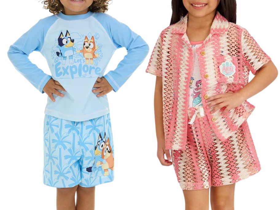 two kids wearing Dreamwave Apparel Character Boys 2-Piece Swimwear Set and Disney Character Girls Resort Swim Set