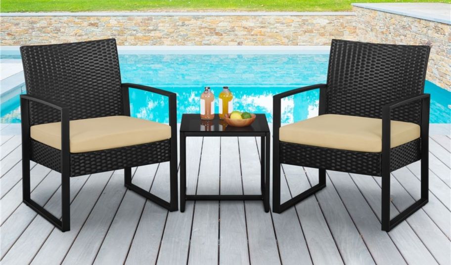 Brown 3-piece outdoor conversation set poolside
